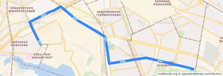 Mapa del recorrido Автобус Т38: Метро "Кожуховская" - Ветеринарная академия de la línea  en Südöstlicher Verwaltungsbezirk.