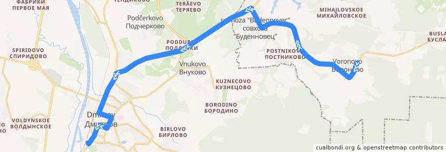 Mapa del recorrido Автобус №53: Вороново - Дмитров de la línea  en Дмитровский городской округ.