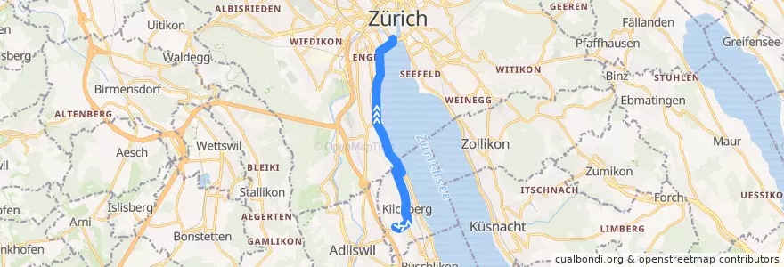 Mapa del recorrido Bus 161: Kilchberg ZH, Kirche → Zürich, Bürkliplatz de la línea  en 취리히.