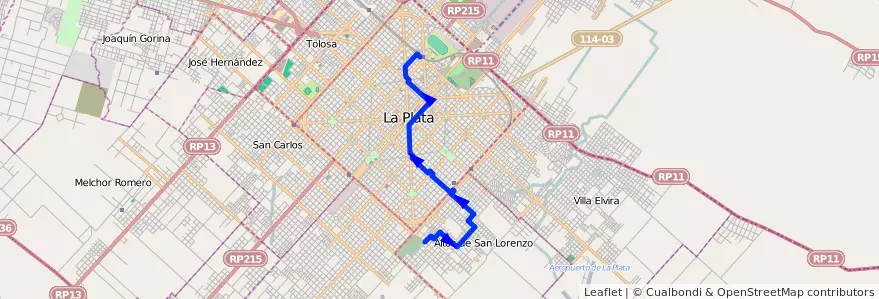 Mapa del recorrido 21 de la línea Sur en Partido de La Plata.