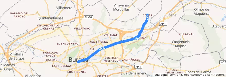 Mapa del recorrido L08: Villafría - Gran Teatro de la línea  en Burgos.
