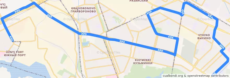 Mapa del recorrido Автобус 159: Метро "Кожуховская" => 138-й квартал Выхина de la línea  en Südöstlicher Verwaltungsbezirk.