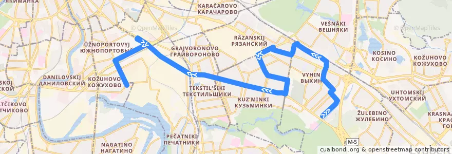 Mapa del recorrido Автобус 159: 138-й квартал Выхина => Метро "Кожуховская" de la línea  en Südöstlicher Verwaltungsbezirk.