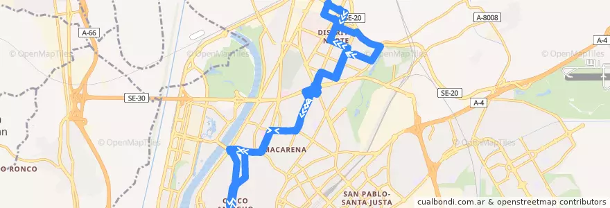 Mapa del recorrido 13 Plaza del Duque - Pino Montano de la línea  en Sevilla.