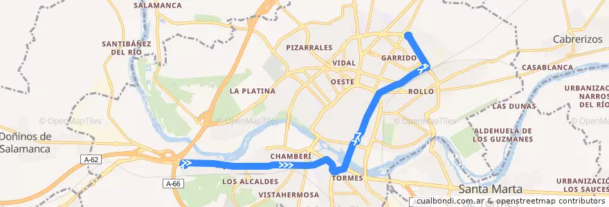 Mapa del recorrido 1. Buenos Aires → Los Cipreses de la línea  en Salamanca.