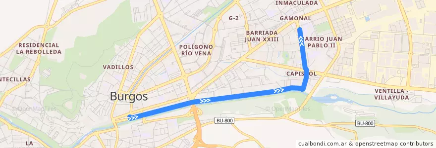 Mapa del recorrido L10: Gran Teatro - Derechos Humanos de la línea  en Burgos.