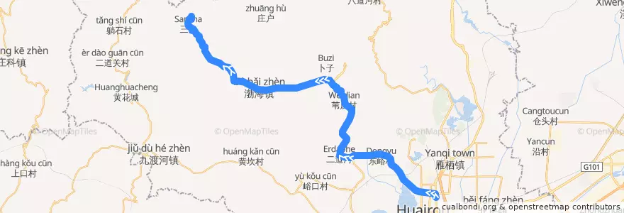 Mapa del recorrido Bus H23: 铁矿峪/洞台>于家园 de la línea  en 怀柔区 / Huairou.