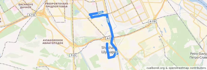 Mapa del recorrido Автобус № 190: Звёздная улица => Шушары, Вишерская улица de la línea  en San Petersburgo.