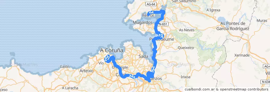 Mapa del recorrido MD A Coruña-Ferrol de la línea  en A Coruña.