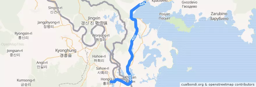 Mapa del recorrido 우쑤리스크–평양 de la línea  en .