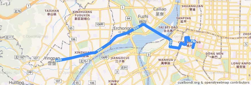Mapa del recorrido 臺北市 513 輔大-捷運臺大醫院站 (往程) de la línea  en Nouveau Taipei.