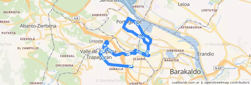 Mapa del recorrido Sestao-Trapagaran de la línea  en Grand-Bilbao.