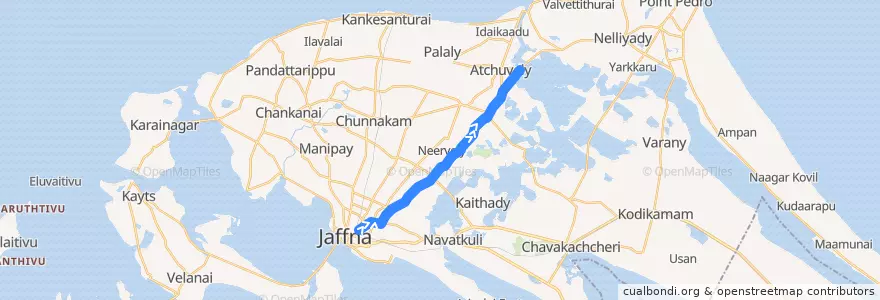 Mapa del recorrido Jaffna-Point Pedro via Valvettiturai de la línea  en யாழ்ப்பாணம் மாவட்டம்.