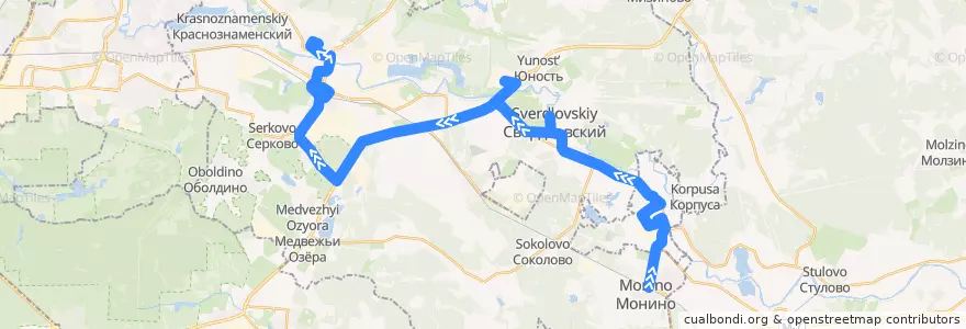 Mapa del recorrido Автобус 26: Станция Монино => Биокомбинат => Щёлково (микрорайон Заречный) de la línea  en Oblast Moskau.