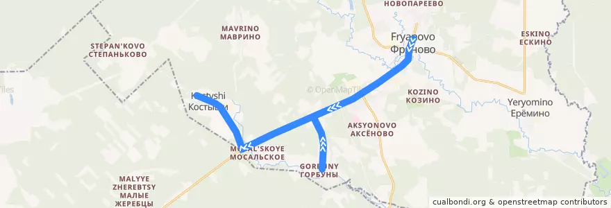 Mapa del recorrido Автобус 35: Фряново — Костыши de la línea  en Shchyolkovsky District.
