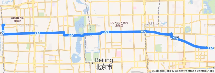 Mapa del recorrido Trolleybus 101: 红庙路口东 => 百万庄西口 de la línea  en Peking.