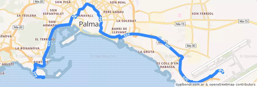 Mapa del recorrido Bus 1: Aeroport → Port (per Àrea de Serveis) de la línea  en Palma.