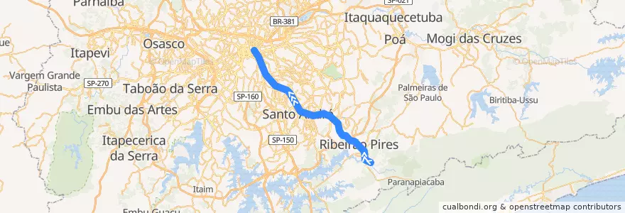 Mapa del recorrido Linha 10 - Turquesa: Rio Grande da Serra ⇒ Brás de la línea  en Região Metropolitana de São Paulo.
