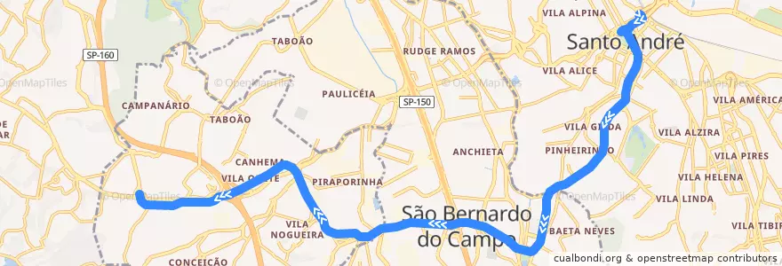 Mapa del recorrido Santo André Oeste - Diadema de la línea  en Região Metropolitana de São Paulo.