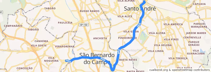 Mapa del recorrido Piraporinha - Santo André Oeste de la línea  en Região Metropolitana de São Paulo.