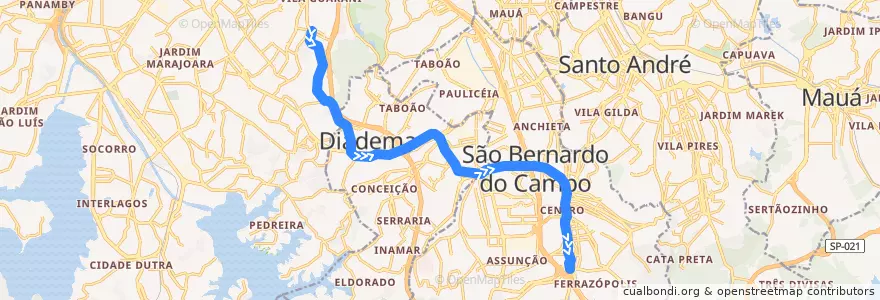 Mapa del recorrido Jabaquara - Ferrazópolis de la línea  en Região Metropolitana de São Paulo.