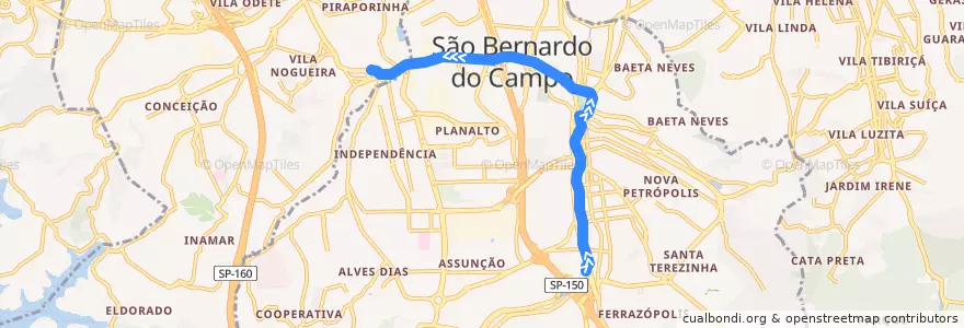 Mapa del recorrido Ferrazópolis - Piraporinha de la línea  en São Bernardo do Campo.