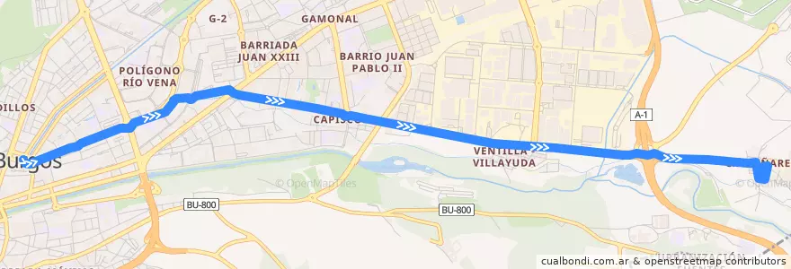 Mapa del recorrido L16: Plaza España - Castañares de la línea  en Burgos.