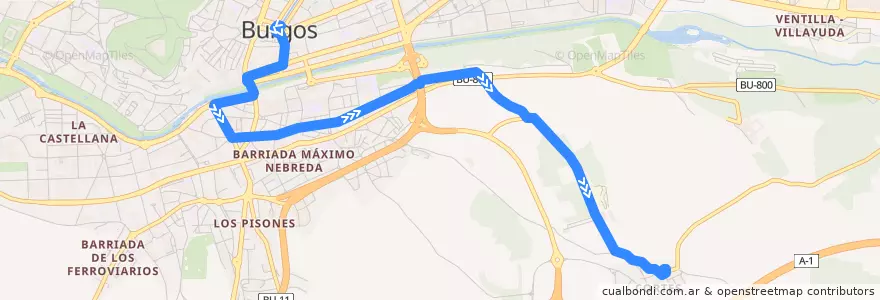 Mapa del recorrido L21: Plz. España - Cortes por calle Progreso de la línea  en Burgos.