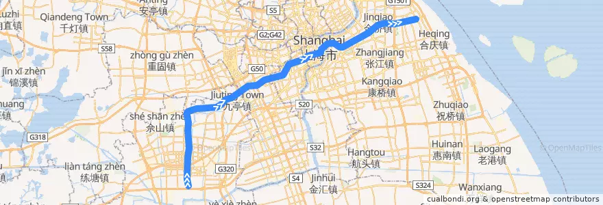 Mapa del recorrido Metro 9号线: 松江南站 → 曹路 de la línea  en 上海市.