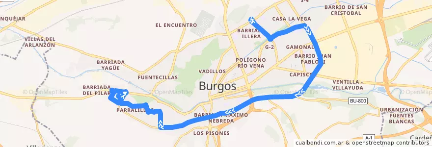 Mapa del recorrido L22: Hospital Universitario - Bulevar de la línea  en Burgos.