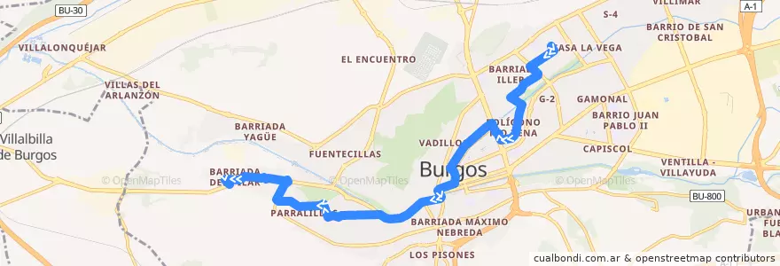 Mapa del recorrido L05: Barrio El Pilar - Vista Alegre G3 (por Río Vena) de la línea  en Burgos.