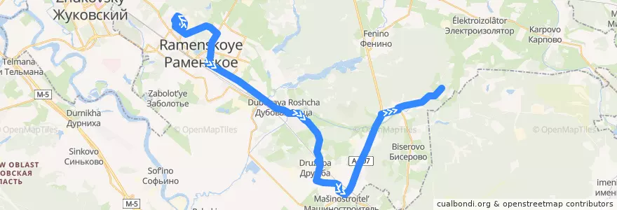 Mapa del recorrido Автобус №21: Раменское (3-ий квартал) – ст. Бронницы – Пласкинино (Сады) de la línea  en Rajon Ramenskoje.