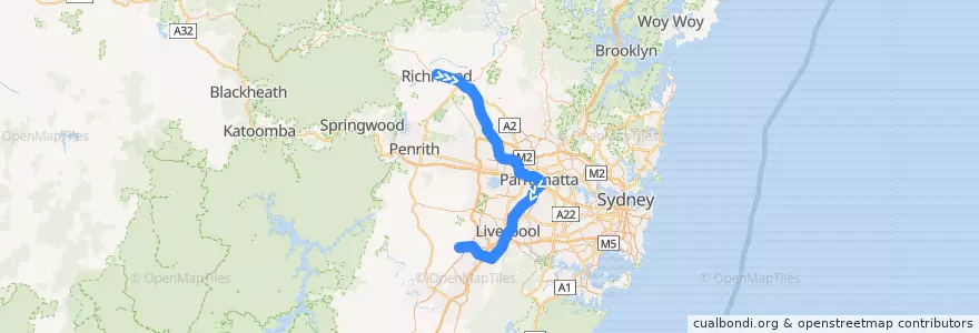 Mapa del recorrido Cumberland Line de la línea  en Sydney.
