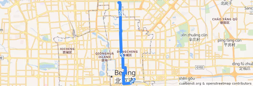 Mapa del recorrido Trolleybus 104: 北京站西 => 五路居 de la línea  en 东城区.