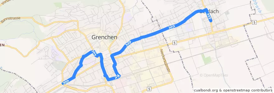 Mapa del recorrido Bus 25: Grenchen, Monbijou => Bettlach, Post de la línea  en Bezirk Lebern.