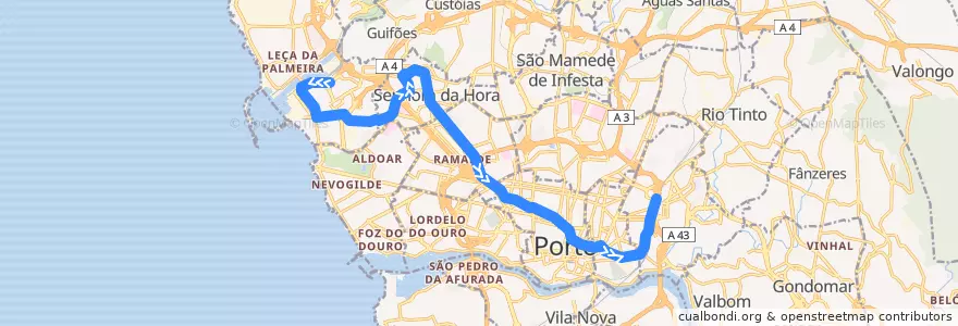 Mapa del recorrido Linha A: Senhor de Matosinhos => Estádio do Dragão de la línea  en Área Metropolitana do Porto.