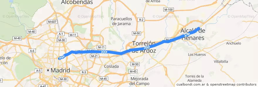 Mapa del recorrido Bus N202: Madrid (Avenida de América) → Torrejón de Ardoz → Alcalá de Henares de la línea  en Área metropolitana de Madrid y Corredor del Henares.