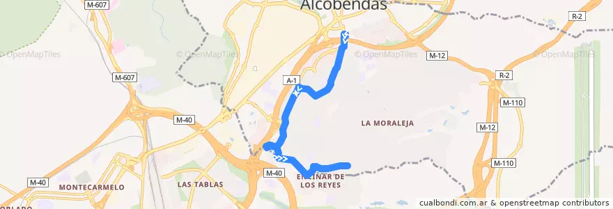 Mapa del recorrido L3 Circular (Arroyo de la Vega-Soto de la Moraleja-El Encinar de los Reyes) de la línea  en ألكوبينداس.