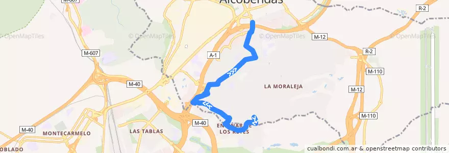 Mapa del recorrido L3 Circular (Encinar de los Reyes - El Soto de la Moraleja - Arroyo de la Vega) de la línea  en ألكوبينداس.