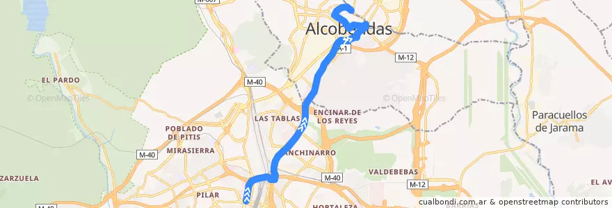 Mapa del recorrido Bus 151: Plaza Castilla → Alcobendas de la línea  en Área metropolitana de Madrid y Corredor del Henares.