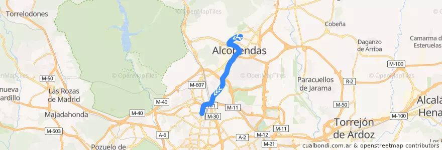 Mapa del recorrido Bus 153: SS de los Reyes (Rosa de Luxemburgo) → Alcobendas → Plaza Castilla de la línea  en Área metropolitana de Madrid y Corredor del Henares.