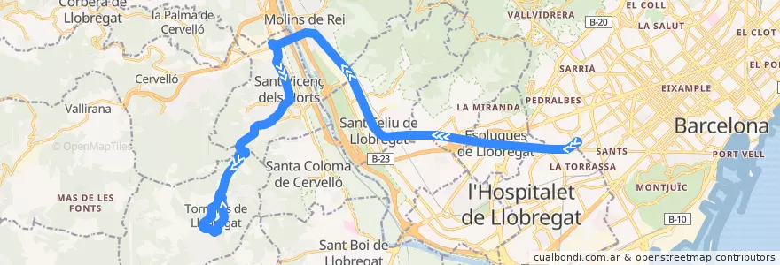 Mapa del recorrido L62 Barcelona - Torrelles de la línea  en Baix Llobregat.