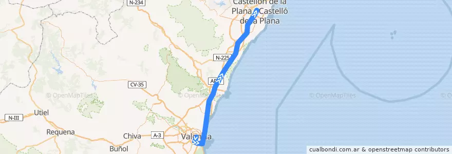 Mapa del recorrido Línea C6 Valencia (Norte) - Castellón de la Plana de la línea  en Comunidade Valenciana.