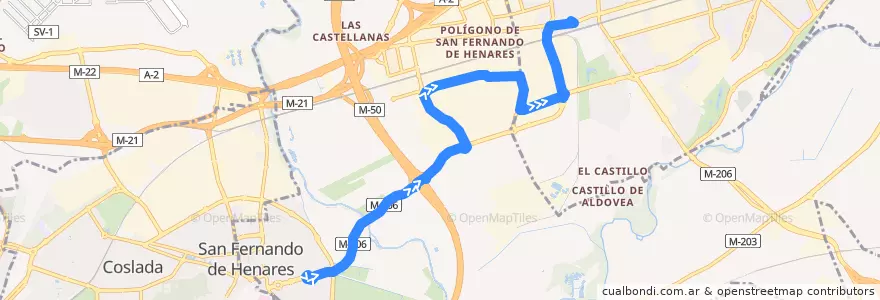 Mapa del recorrido Bus 220: San Fernando de Henares → Torrejón de Ardoz de la línea  en Área metropolitana de Madrid y Corredor del Henares.