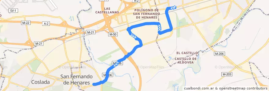 Mapa del recorrido Bus 220: Torrejón de Ardoz → San Fernando de Henares de la línea  en Área metropolitana de Madrid y Corredor del Henares.
