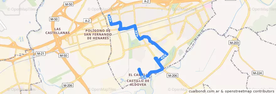 Mapa del recorrido Bus L2: Las Fronteras → Barrio del Castillo de la línea  en Área metropolitana de Madrid y Corredor del Henares.