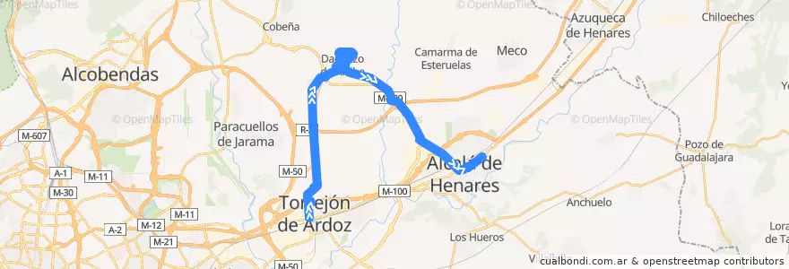 Mapa del recorrido Bus 252: Torrejón de Ardoz → Daganzo → Alcalá de Henares de la línea  en منطقة مدريد.