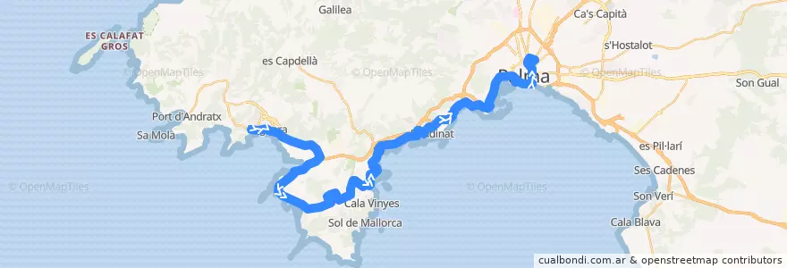 Mapa del recorrido Bus 104: Peguera → Magaluf → Palma de la línea  en جزایر بالئارس.