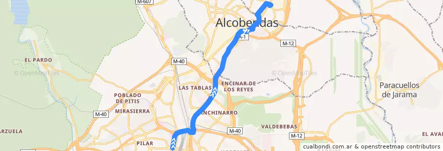 Mapa del recorrido Bus 156: Plaza Castilla → San Sebastián de los Reyes (Polígono Industrial Moscatelares) de la línea  en Área metropolitana de Madrid y Corredor del Henares.