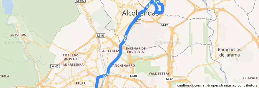 Mapa del recorrido Bus 156: San Sebastián de los Reyes (Polígono Industrial Moscatelares) → Plaza Castilla de la línea  en Área metropolitana de Madrid y Corredor del Henares.